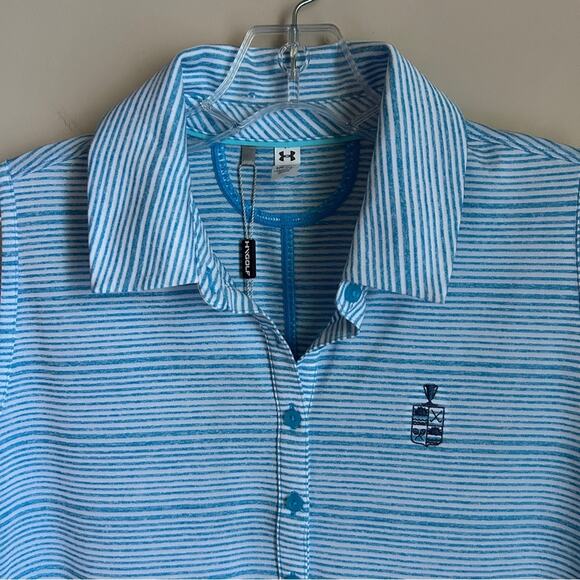 Under Armour Blue/White Striped Heat Gear Fitted Sleeveless Golf Polo Size Large - Picture 2 of 13
